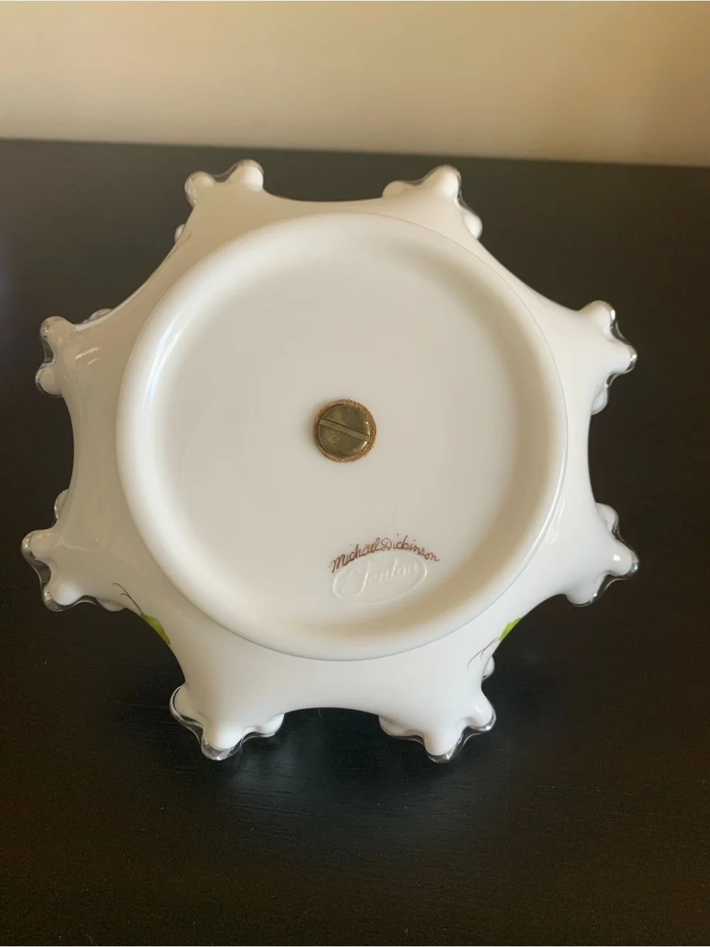 Vtg Fenton Violets in the Snow Milk Glass Candy Bon Bon Dish Signed M. Dickinson